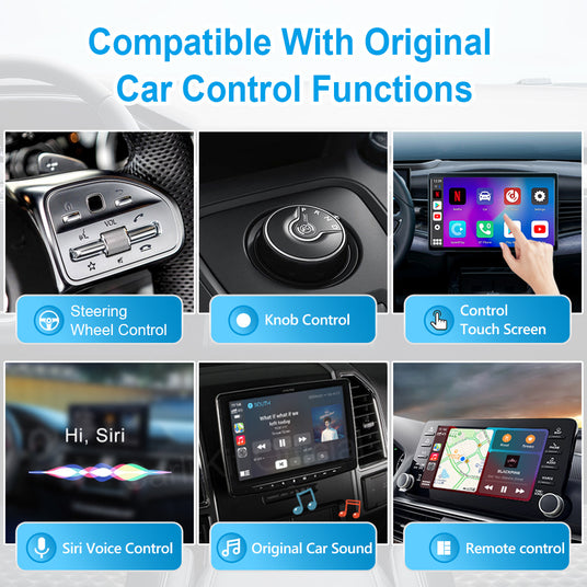 The G4 Android 11 Smart AI Box displayed in a car, highlighting its compatibility with existing wired CarPlay apps and car controls for a seamless driving experience.