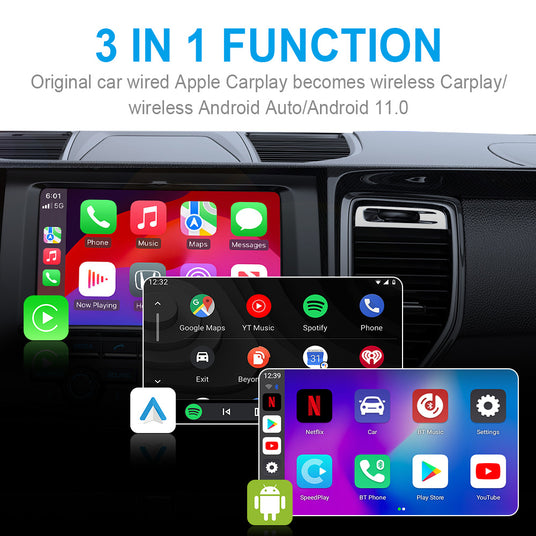 G4 Android 11 Smart AI Box mounted in a car, showing wireless CarPlay and Android Auto connectivity.