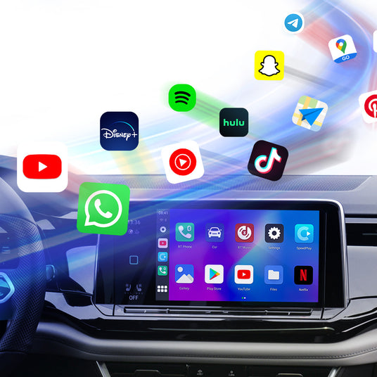 GT7 device screen displaying popular apps from Google Play Store, including Spotify, Waze, and Audible, for a personalized car dashboard.