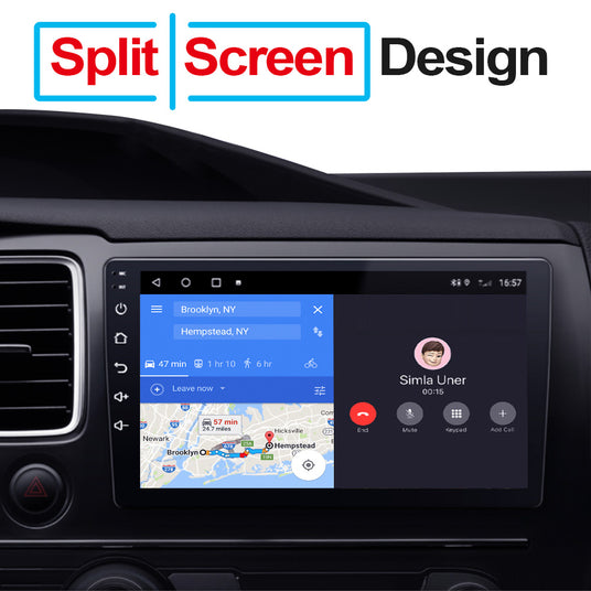 The GT7 device displaying its split-screen feature, enabling simultaneous navigation and music control on the car’s dashboard screen.