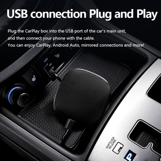 Showing the GT7 device connected to a car's USB port, illustrating the simple plug-and-play setup for accessing CarPlay and Android Auto.