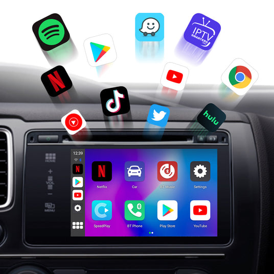 Display showing the Google Play Store on the G4 Android 11 Smart AI Box, with a selection of apps available for download in a car's dashboard.
