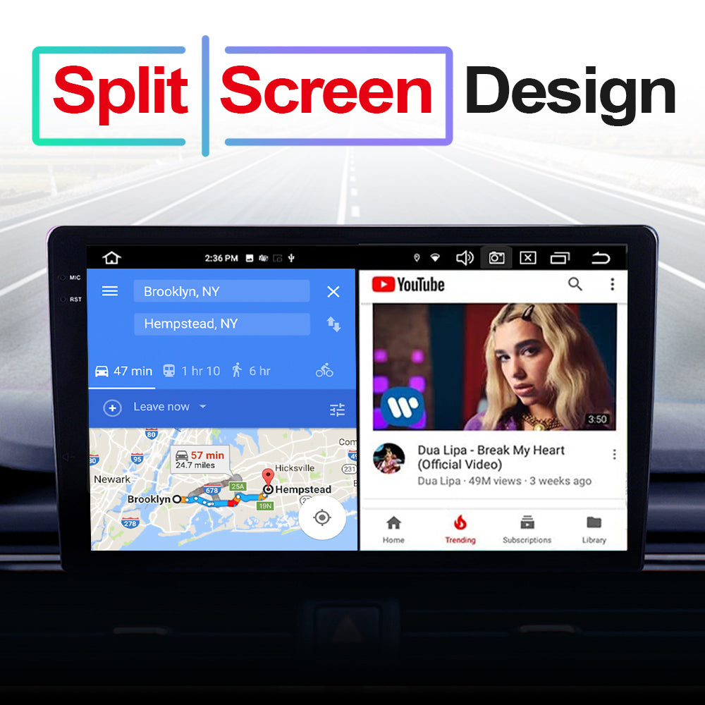 GT7H split-screen multitasking with Google Maps and YouTube running simultaneously.