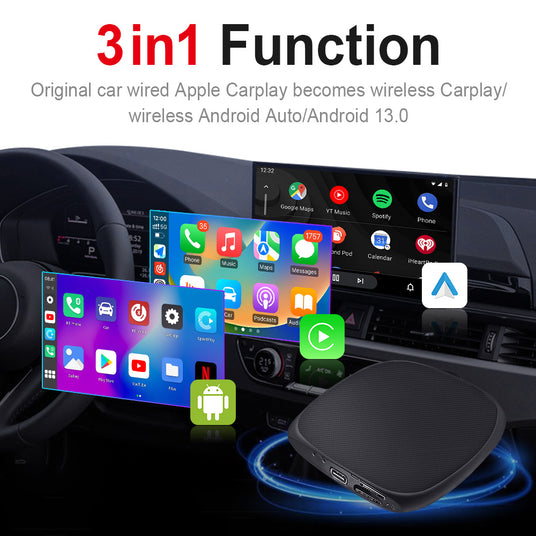 GT7 device highlighting its parallel systems: Wireless CarPlay, Android Auto, and Android 13, for flexible smartphone integration.
