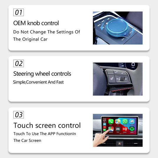 Linkifun S3 adapter integrated with car's original controls including touchscreen and steering wheel buttons, ensuring familiar and efficient operation.