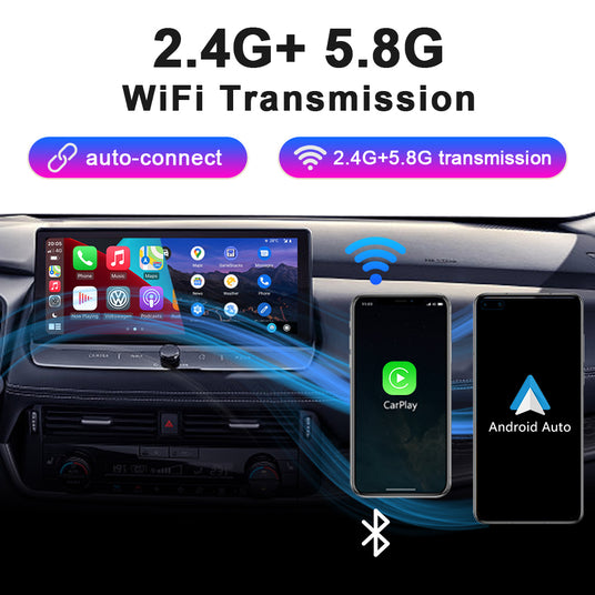 Linkifun S3 adapter automatically connecting to a smartphone in a car, providing instant access to navigation, music, and calls.