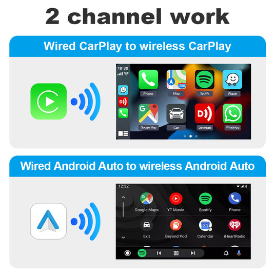 Linkifun S3 adapter converting factory-wired CarPlay and Android Auto into a wireless system for seamless smartphone connectivity in cars.
