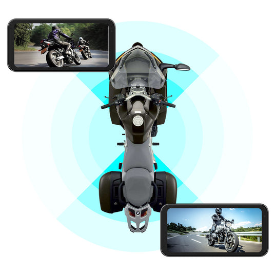 Motorcycle dash cam with dual HD 1080P IMX307 lenses, allowing live rear view and broad view perspectives.
