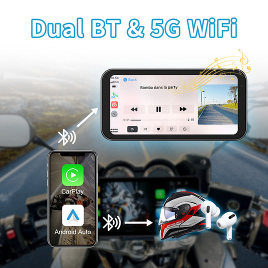 Motorcycle dash cam equipped with dual Bluetooth and 5G WiFi for seamless audio and smart connectivity.