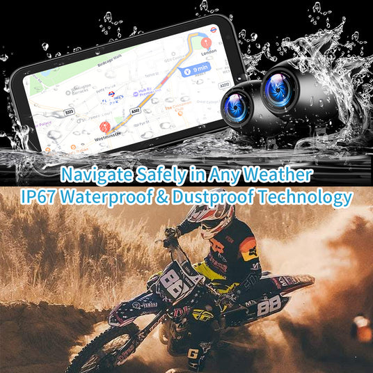 Motorcycle dash cam designed with IP67 waterproof, dustproof, and shock-resistant features for durability in all conditions.