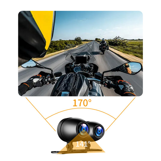 Dual cameras with 141-degree wide angles mounted on a motorcycle, providing extensive visibility and enhancing rider safety.
