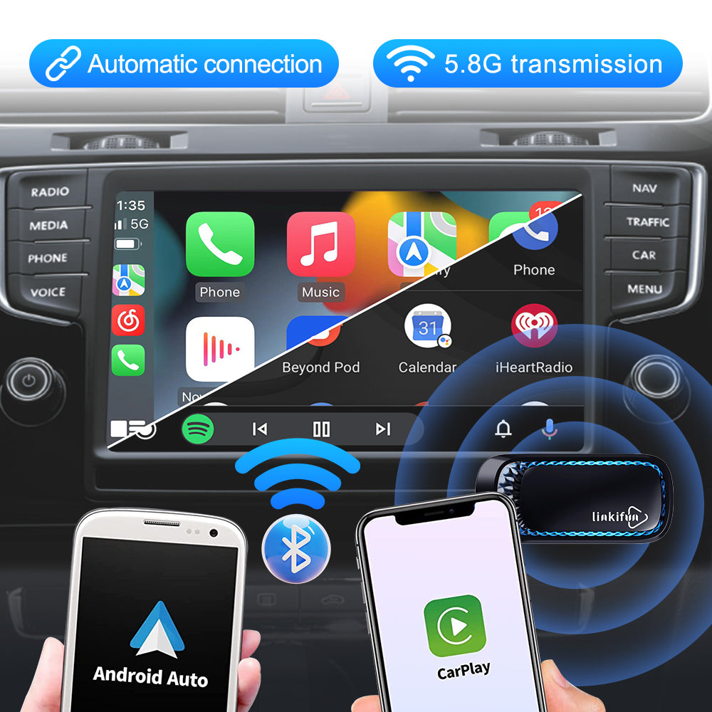 Smartphone connecting automatically to CarPlay or Android Auto via the Linkifun RGB adapter.