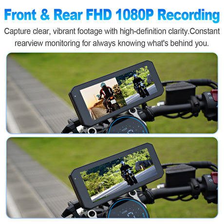 Linkifun MT7 dash cam with simultaneous front and rear recording in 1080p, high brightness display, and clear, detailed footage.