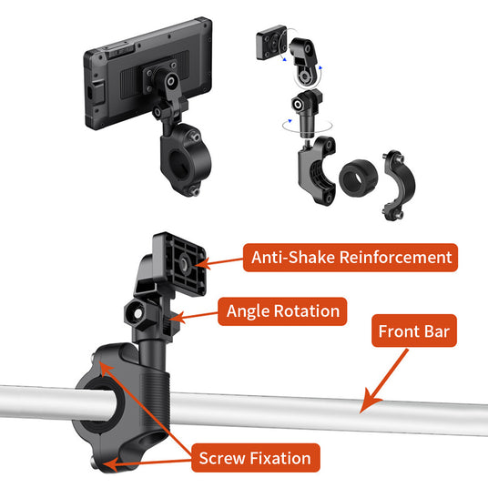 Motorcycle dash cam mounted on handlebars with anti-theft screws for secure attachment, ensuring device security.
