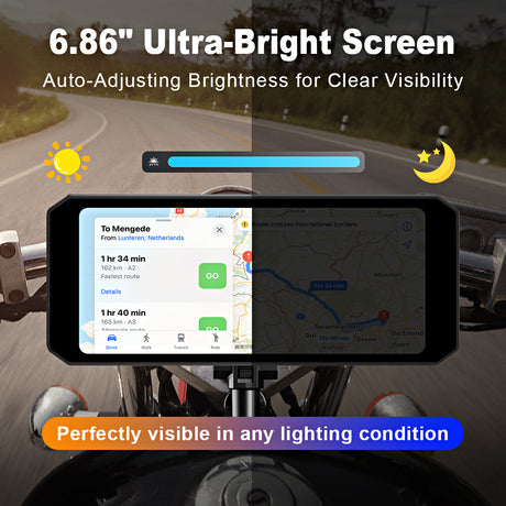 MT7 with a 6.86-inch large screen and auto-adjusting brightness for clear visibility in all riding conditions.